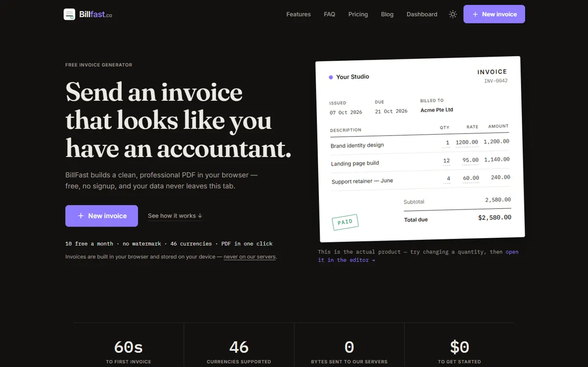 BillFast home: send an invoice that looks like you have an accountant