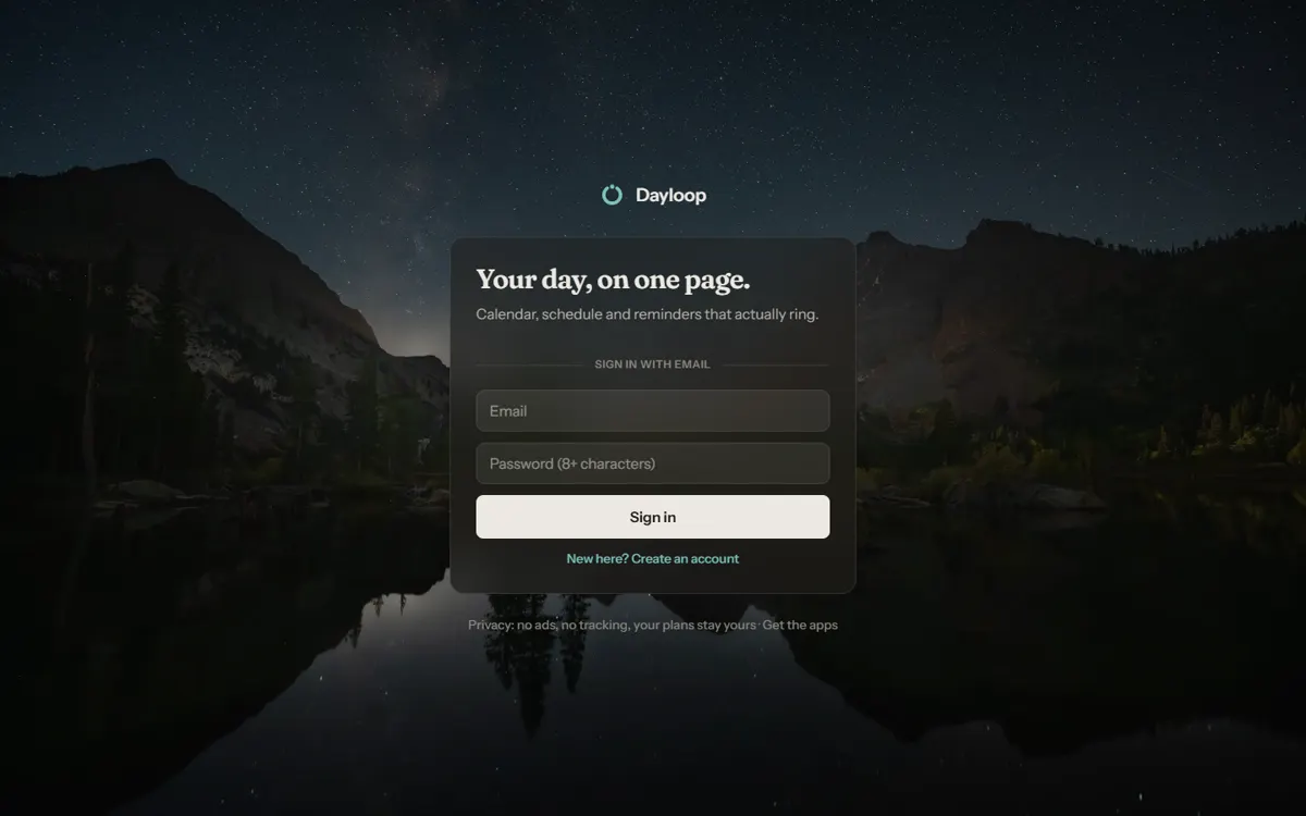 Dayloop sign-in screen: Your day, on one page