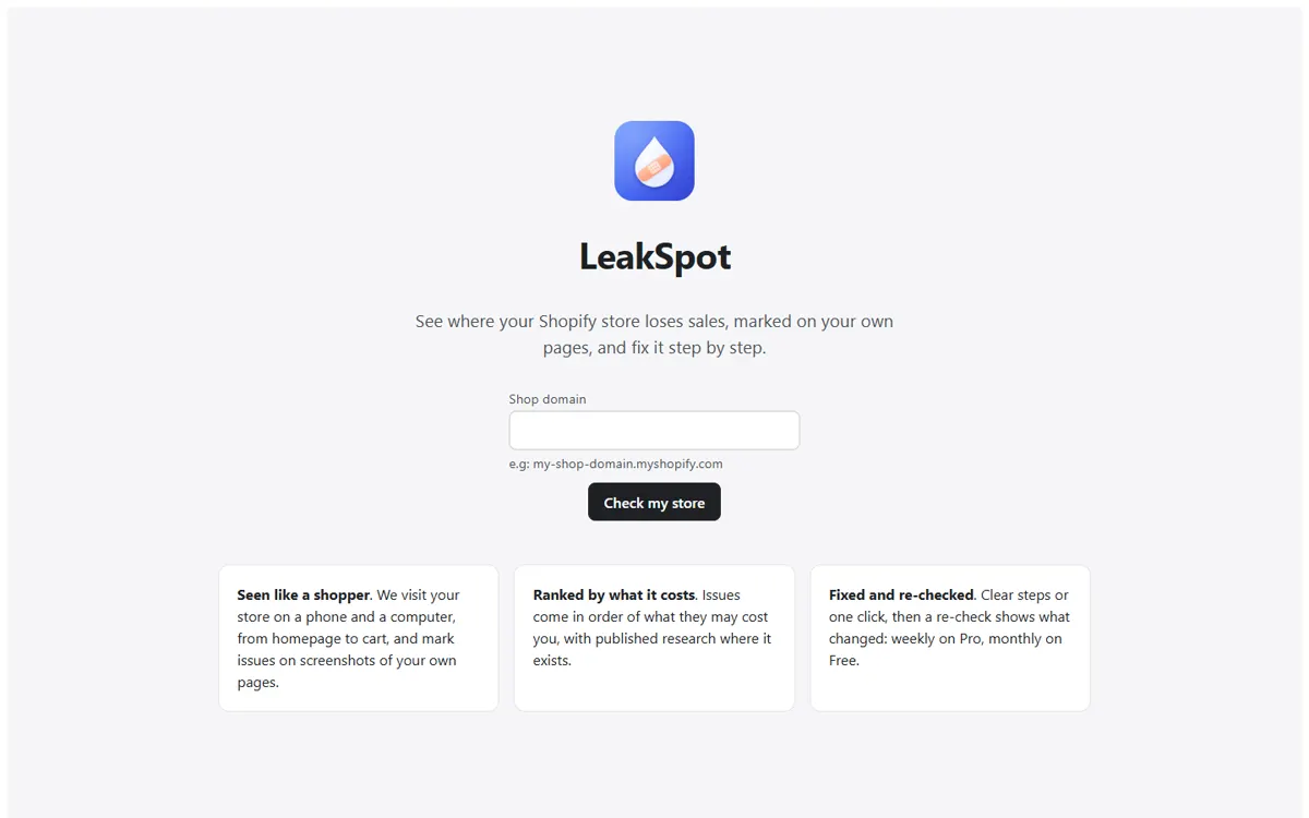 LeakSpot home: see where your Shopify store loses sales